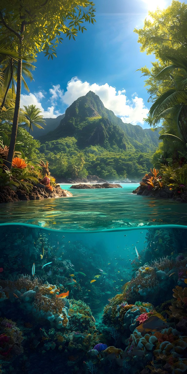 Download this stunning tropical island wallpaper in 4K for your iPhone, showcasing a vibrant underwater coral reef and lush green mountains. The wallpaper offers a breathtaking view of the ocean surface and the sun filtering through the leaves.