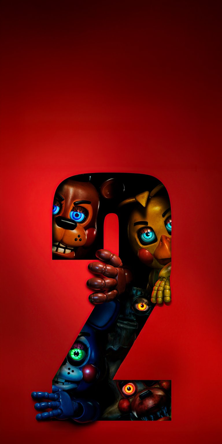 Download this Five Nights at Freddy's 2 4K wallpaper for your iPhone, showcasing Freddy and friends peering through the number '2'. This unique wallpaper features Bonnie's green eye and Chica's yellow beak.