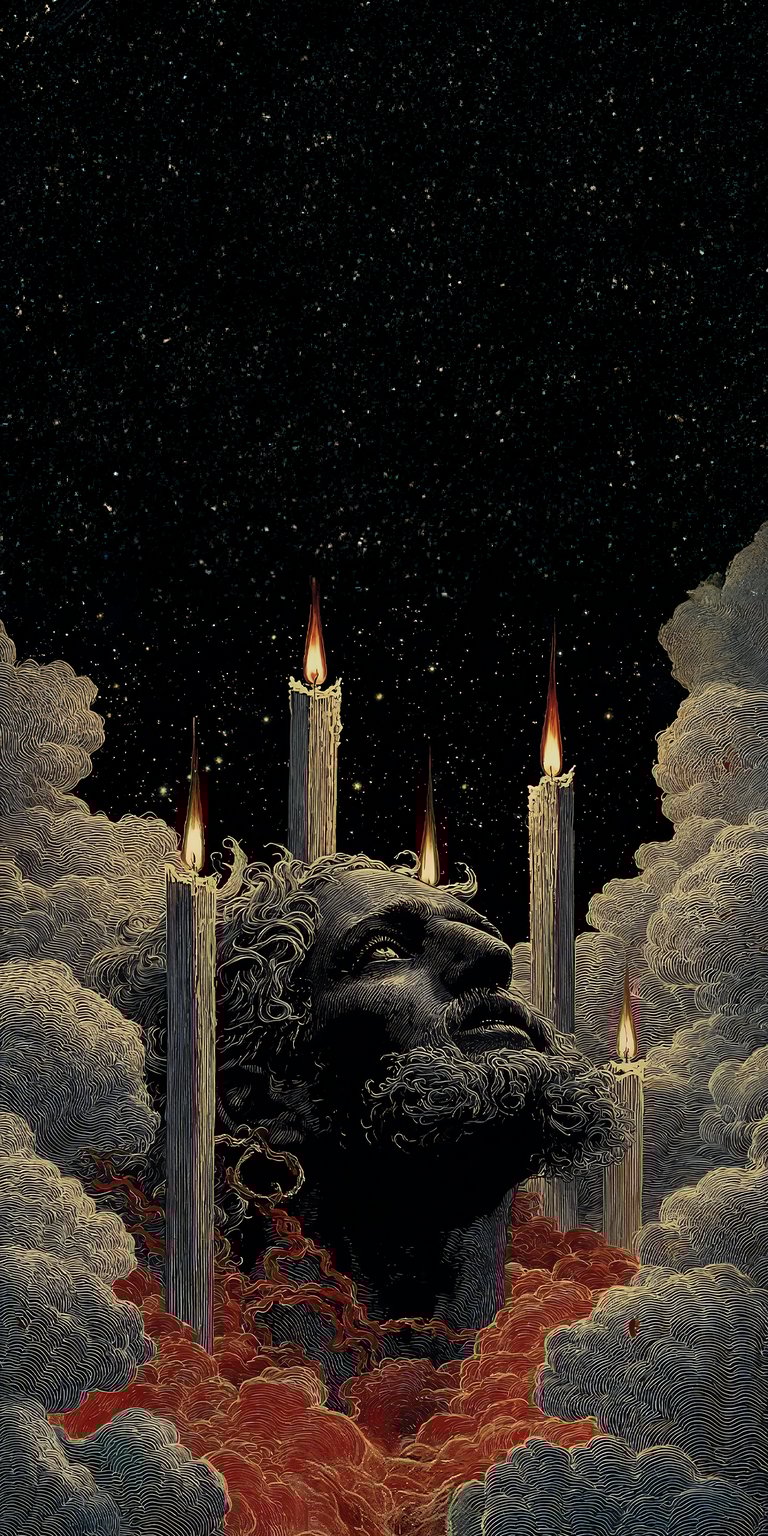 Featuring a stoic stone head surrounded by floating candles and cosmic clouds, this 4K wallpaper offers a unique gothic aesthetic. This iPhone background blends religious iconography with surreal space elements for a truly haunting visual experience.