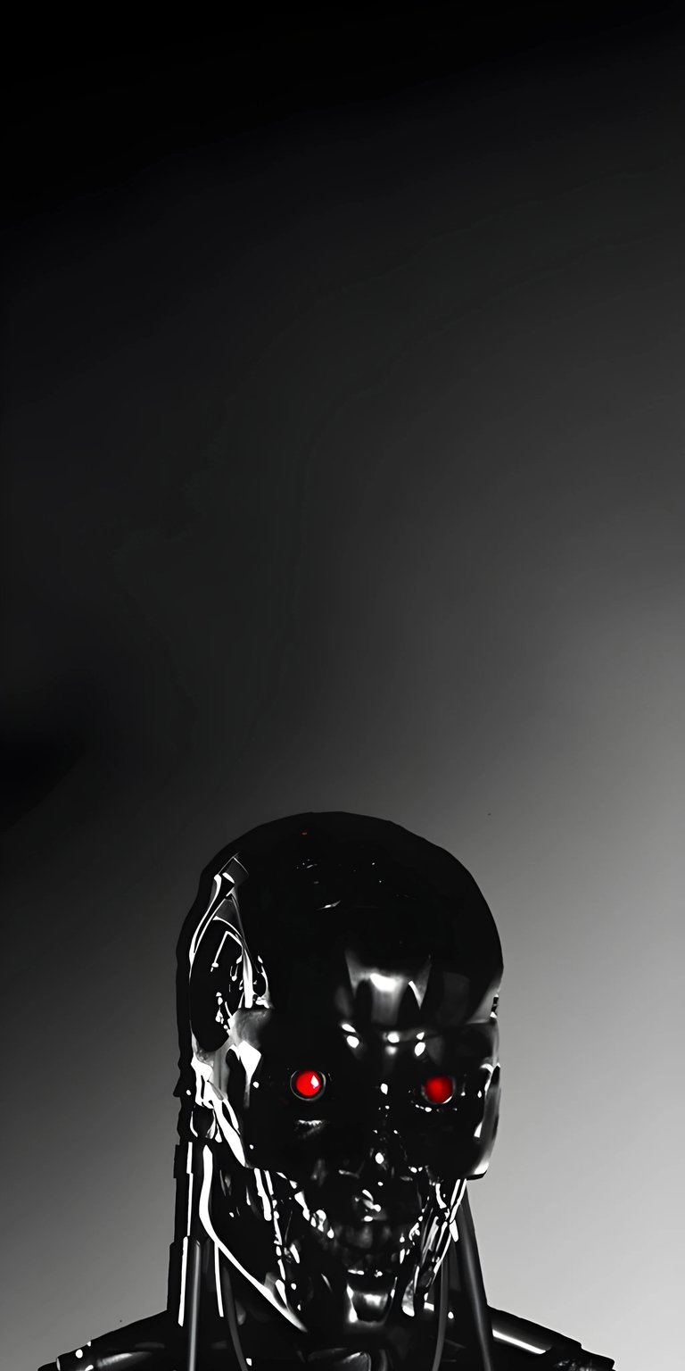 Download this Terminator wallpaper in 4K for your iPhone today! This striking wallpaper features a glossy black robotic skull with piercing red eyes, all set against a dark gradient background.