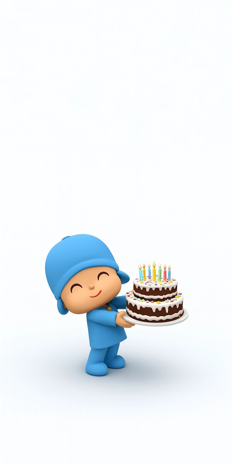 Download this adorable Pocoyo wallpaper in 4K for your iPhone! The image features the cartoon character with a chocolate two-tiered cake decorated with colorful sprinkles and lit candles.
