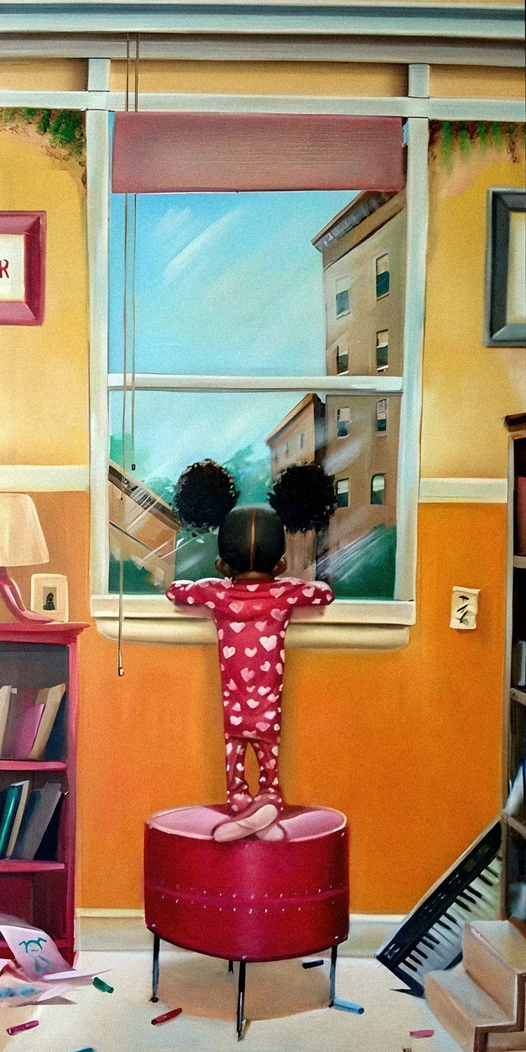 A vibrant painted aesthetic wallpaper featuring a young girl looking out at city buildings. This colorful wallpaper adds a soulful, artistic touch to your iPhone display.