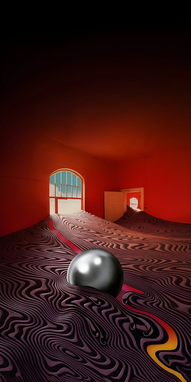 Download this surreal The Slow Rush 4K wallpaper for your iPhone, featuring a striking silver orb and distorted, striped ground. This aesthetic wallpaper showcases an interior with an open arched window, creating a unique visual.
