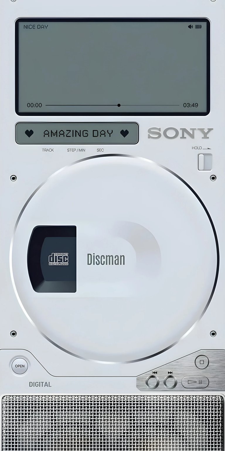 Get this amazing Sony Discman wallpaper in 4K for your iPhone, showcasing a classic device with a display that reads "NICE DAY" and a button labeled "AMAZING DAY". This wallpaper highlights the Discman's silver details and minimalist design.