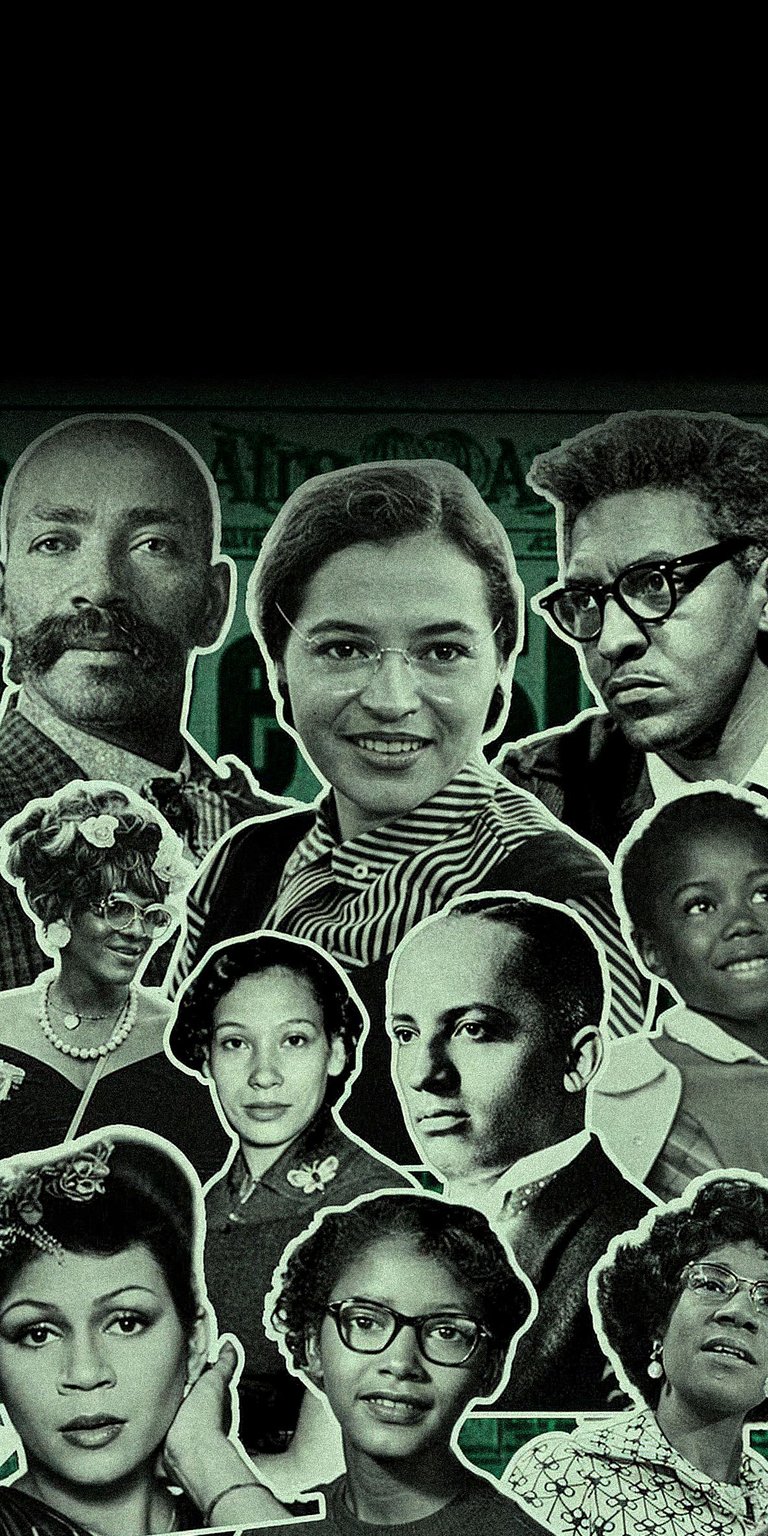 This aesthetic wallpaper features a collage of influential Civil Rights leaders including Rosa Parks. It is the perfect historical tribute for your iPhone lock screen.
