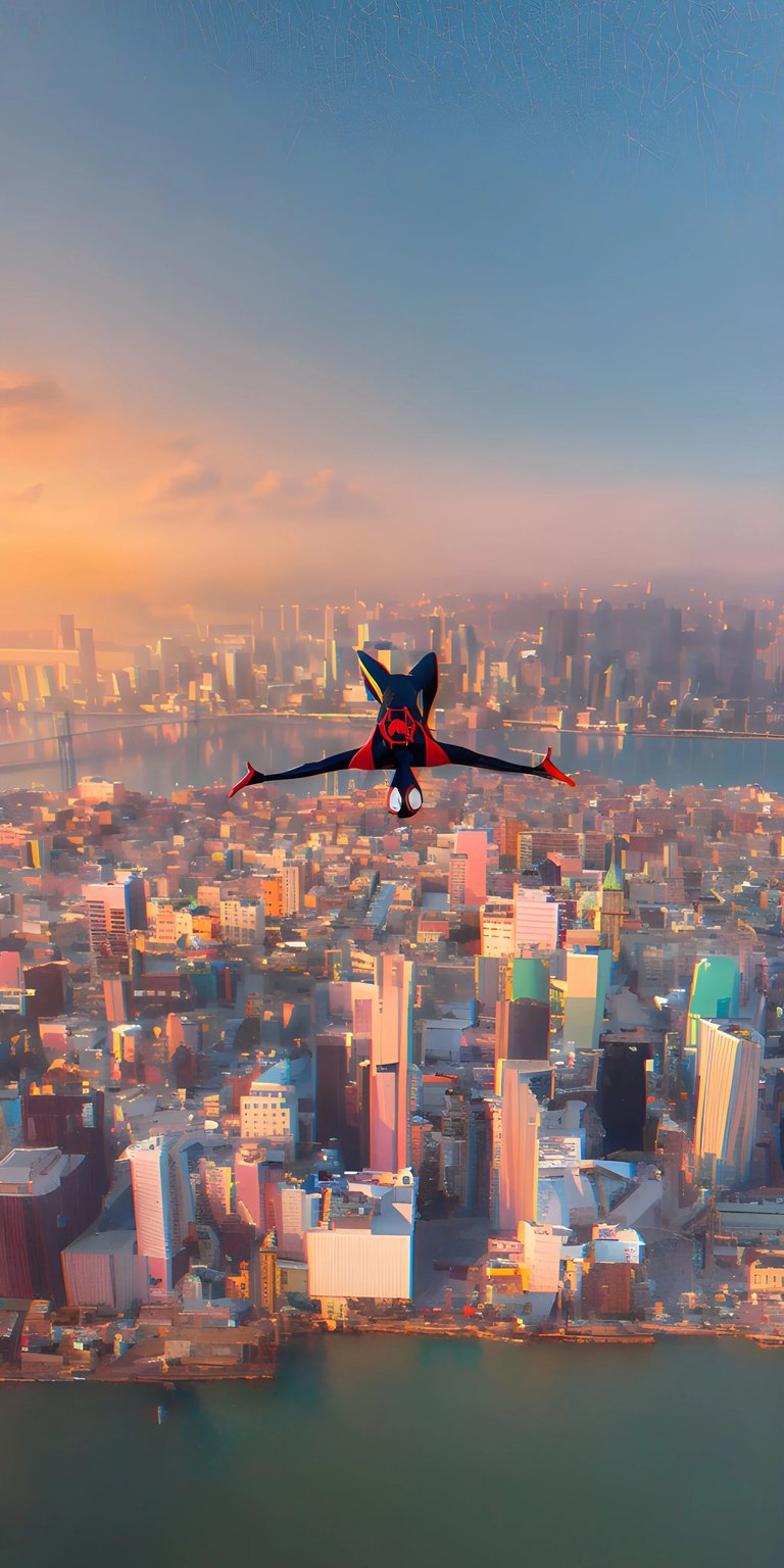 Get this cool Miles Morales wallpaper for your iPhone. This 4K wallpaper shows Miles soaring above a vibrant cityscape, complete with a distant bridge and towering skyscrapers.