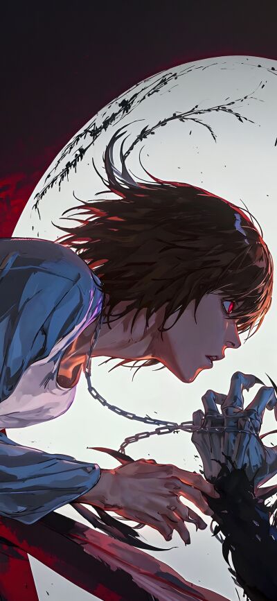 This matching Light Yagami and Ryuk wallpaper in 4K is perfect for your iPhone. This wallpaper shows a chained hand, bright red eyes, and a large moon.