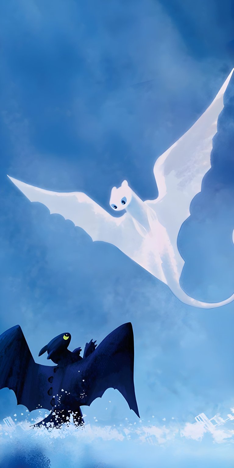 This stunning 4K aesthetic wallpaper features Toothless and the Light Fury soaring through a vibrant blue sky. Perfect for your iPhone, this wallpaper captures the graceful flight and contrasting silhouettes of the iconic Night and Light Furies.