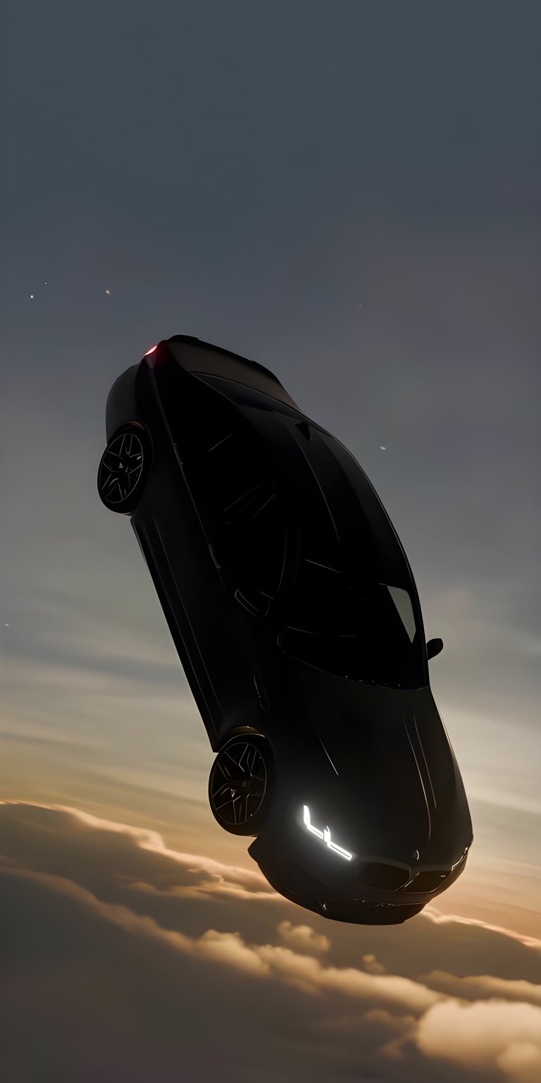This surreal 4K wallpaper depicts a sleek black BMW suspended in a dreamlike sunset sky. Perfect for iPhone users, this abstract wallpaper blends automotive power with a calm, golden-hour mood and soft cloud textures.