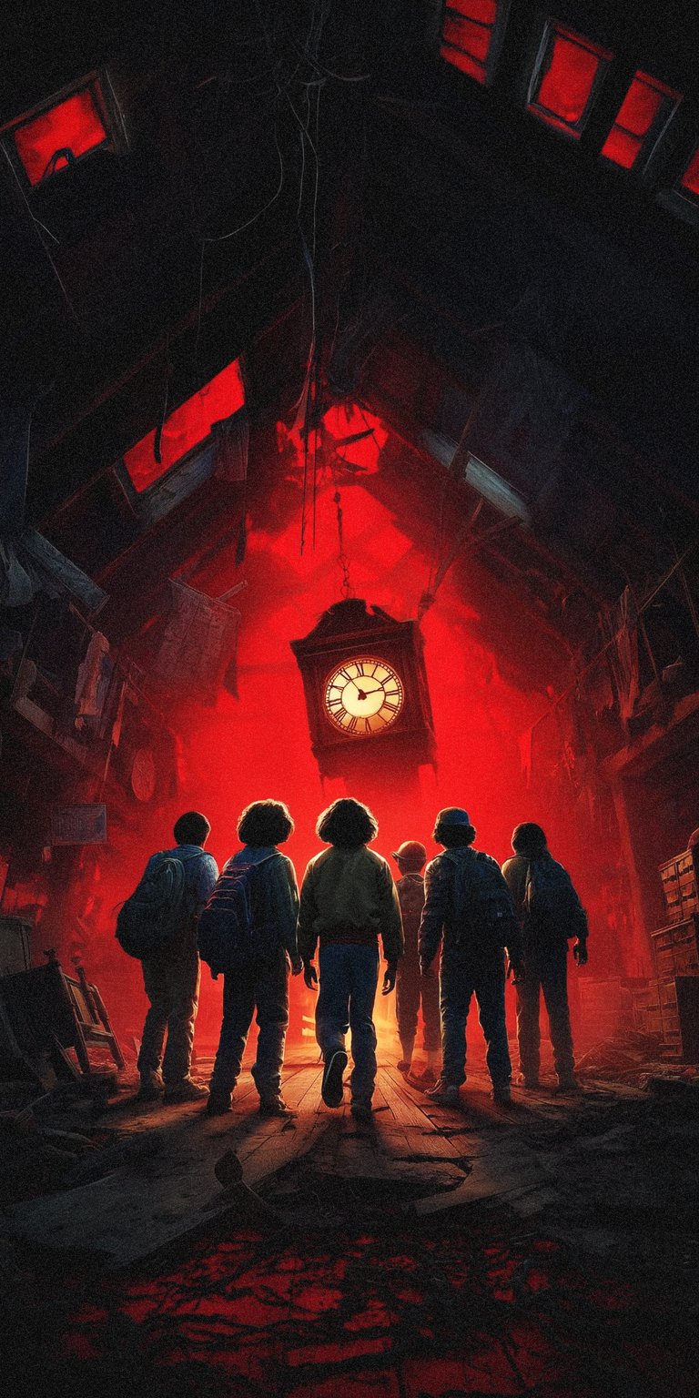 Download this Stranger Things 4K wallpaper for your iPhone! This striking wallpaper features the group standing beneath a menacing clock, all illuminated by an eerie red glow.