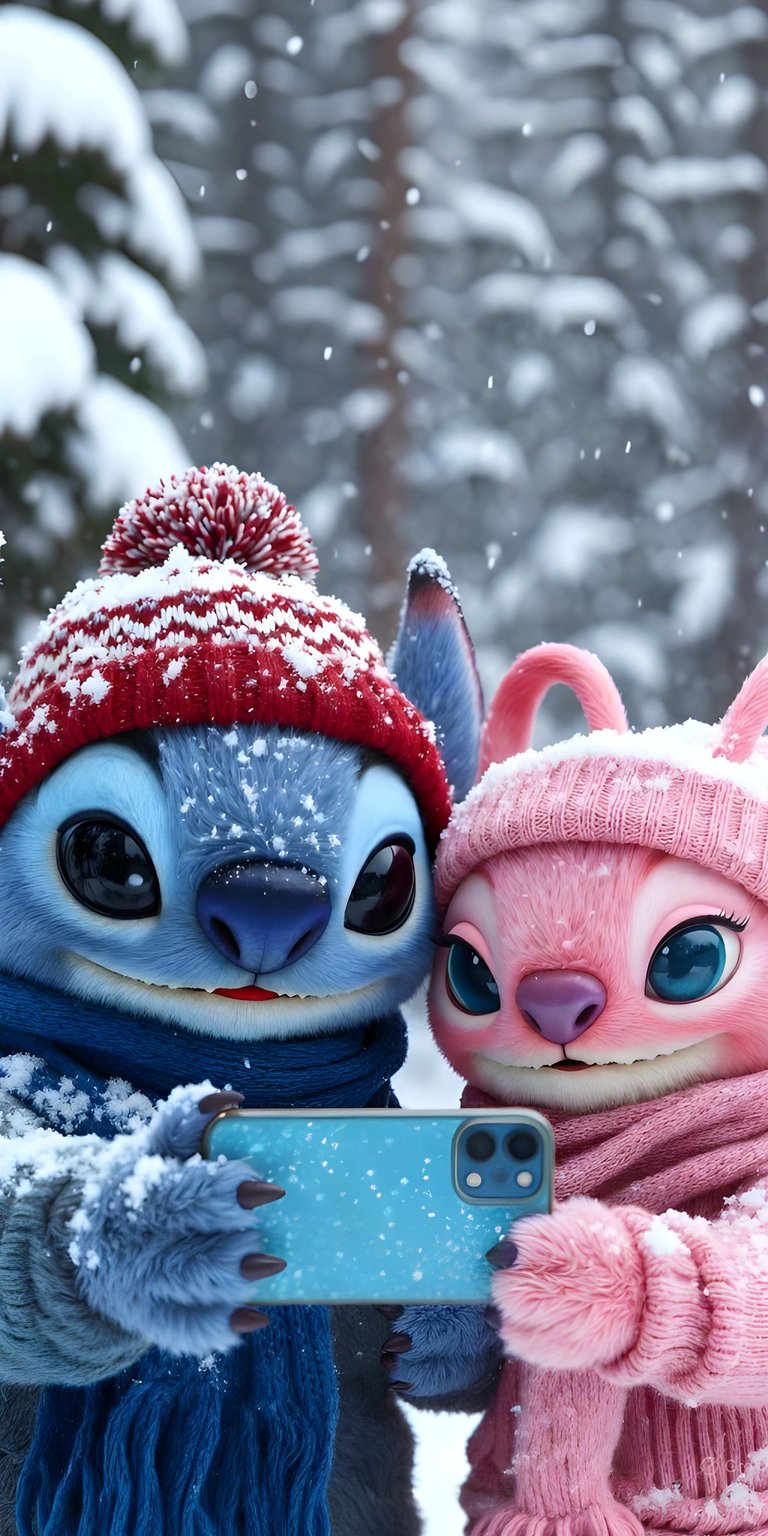 This Aesthetic wallpapers feature showcases Stitch and Angel wearing cozy knit hats and scarves while taking a selfie in a snowy forest. The 4K wallpaper offers high-detail textures and soft winter lighting, making it a perfect festive backdrop for your iPhone.