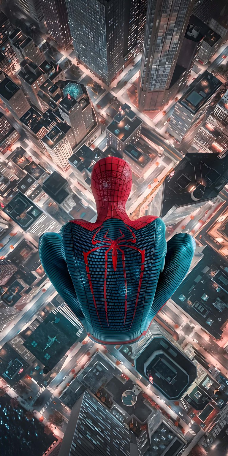 Download this Spiderman 4K wallpaper for your iPhone, featuring the iconic hero overlooking a sprawling cityscape at night. This stunning wallpaper showcases Spiderman's detailed suit with a red spider emblem and the intricate urban layout below.