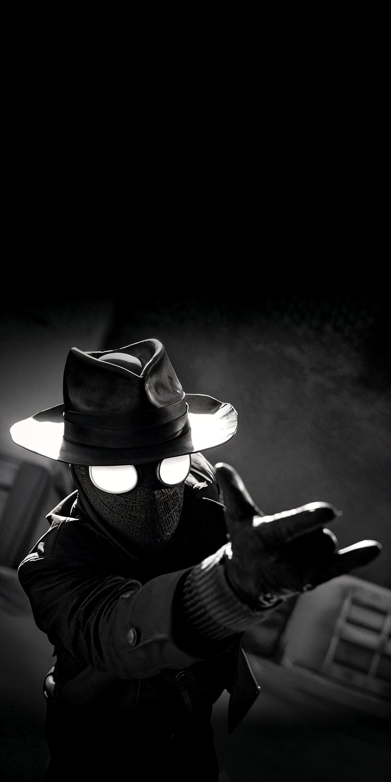 This 4K wallpaper features a high-contrast Spider-Man Noir reaching forward in a cinematic, monochrome style. Designed as an OLED / AMOLED wallpaper for iPhone, it utilizes deep blacks and glowing white eyes to create a striking, moody depth.