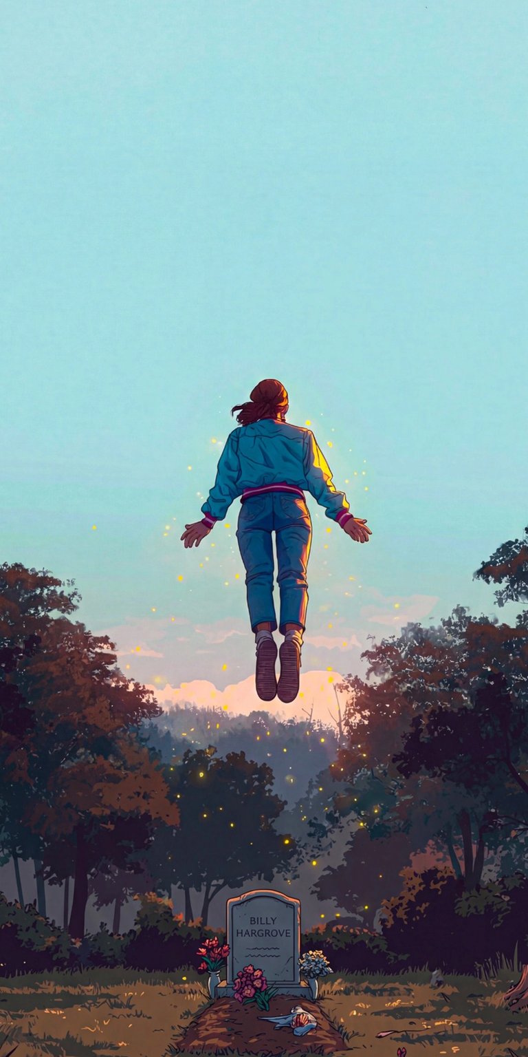 Download this vibrant Max 4K wallpaper for your iPhone, featuring Max floating above Billy Hargrove's grave. The beautiful artwork showcases golden particles surrounding Max and a serene blue sky.