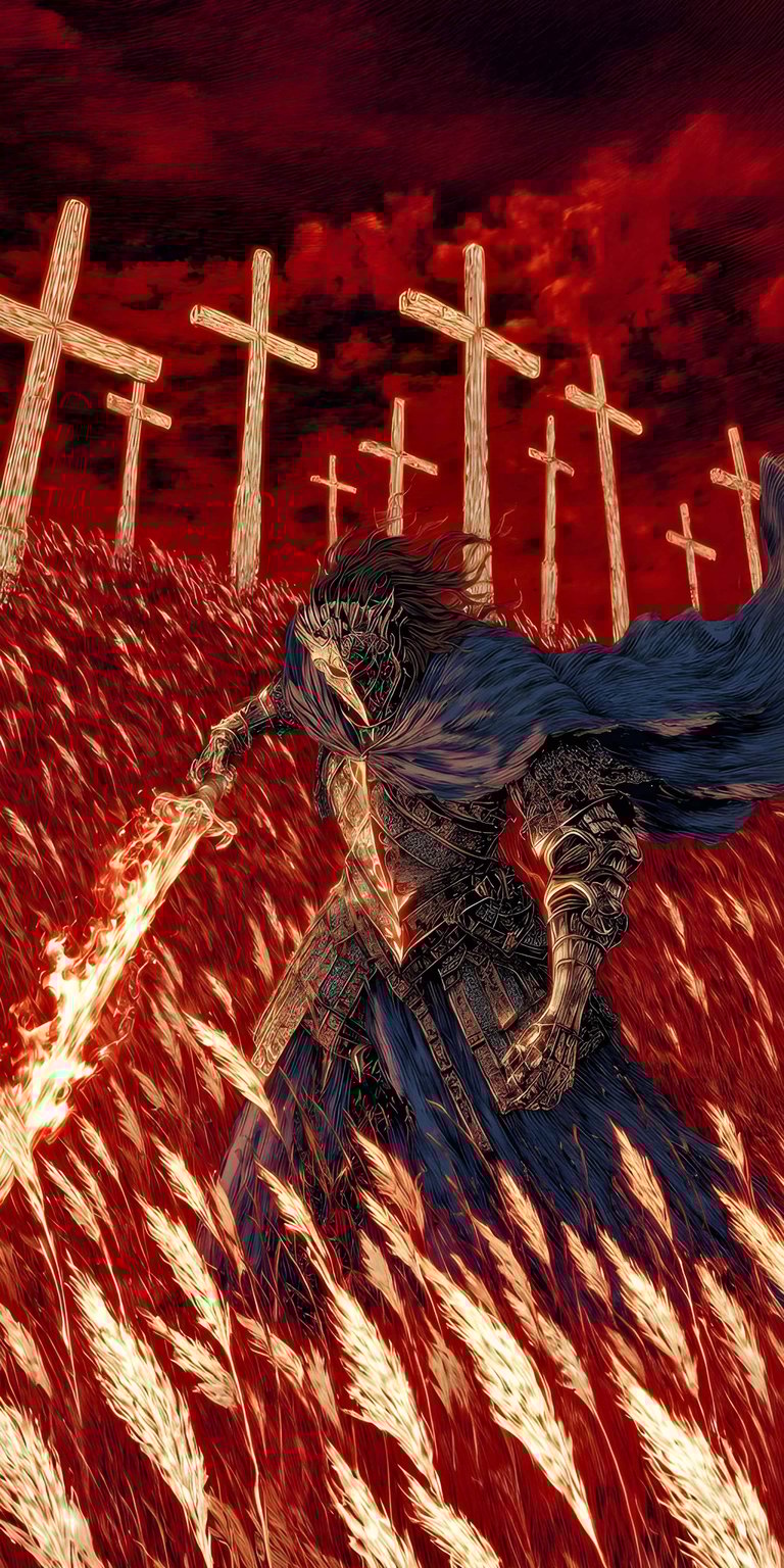 A powerful depiction of the Tarnished standing amidst the burning Erdtree's embers. Featuring the iconic fingerprint armor and a sword wreathed in the Yellow Flame of Frenzy, this artwork captures the chaotic "Lord of Frenzied Flame" ending. The background is filled with the haunting imagery of spectral crosses and a sky choked with ash and fire.