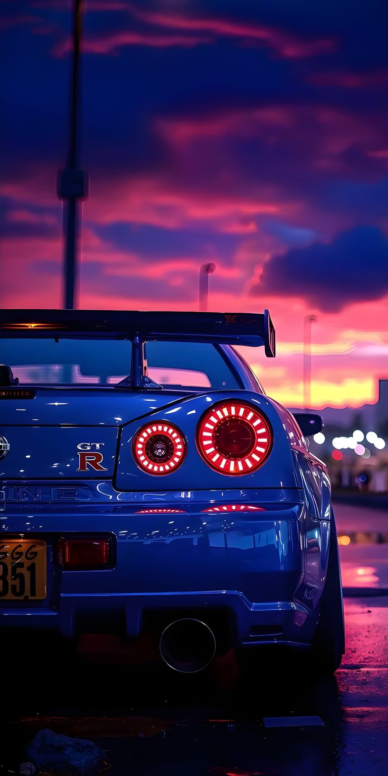 This stunning Aesthetic wallpapers choice features the iconic rear of a blue Nissan GT-R R34 against a vibrant purple and pink sky. Elevate your iPhone with a high-octane wallpaper showcasing glowing circular taillights and a moody, twilight atmosphere.