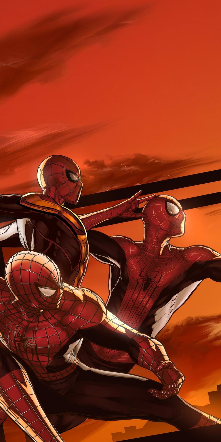 Spiderman Trio in a sunset color background wallpaper in 4k