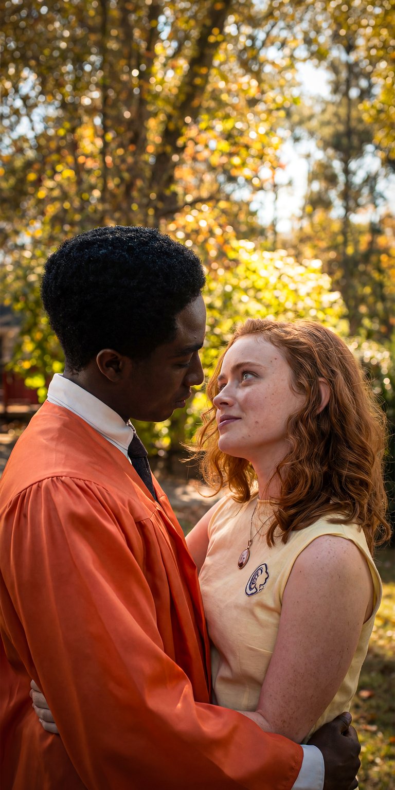 A heartwarming and nostalgic wallpaper capturing Lucas Sinclair and Max Mayfield in a tender moment. Set against a soft, golden-hour forest backdrop, this image highlights their iconic relationship, vintage fashion, and the "Lumax" shipping aesthetic that fans love.