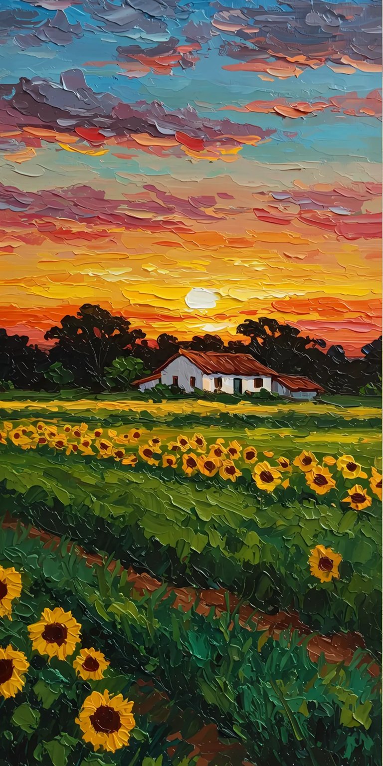 Beautiful sunflower field painting art iOS wallpaper