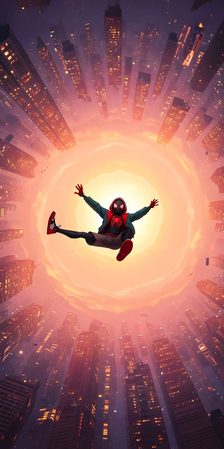 Download this electrifying Miles Morales wallpaper in 4K for your iPhone, capturing the hero mid-air with vibrant red sneakers and a backdrop of towering, illuminated skyscrapers. This dynamic wallpaper will bring the energy of Spider-Verse to your mobile device.