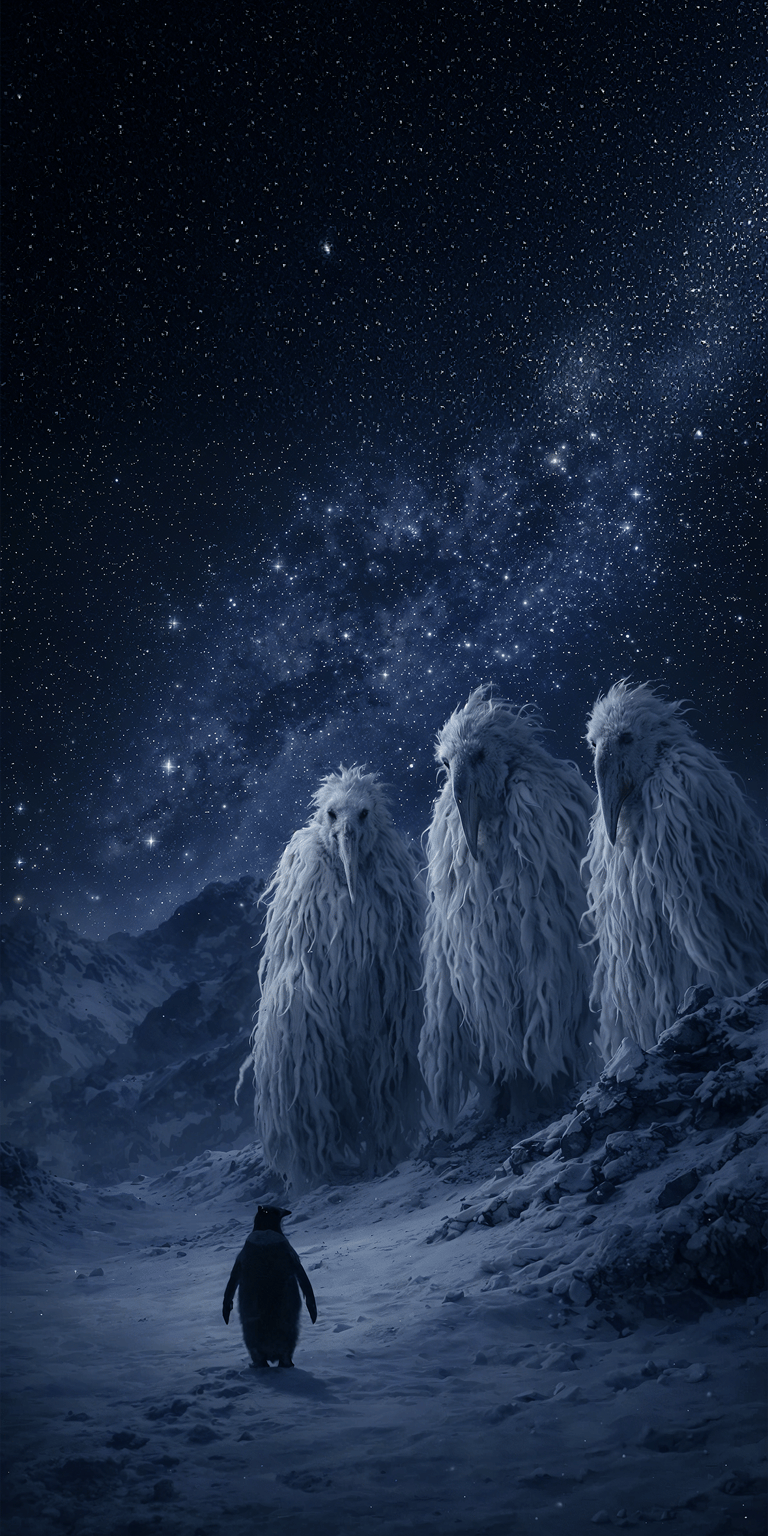 Download this stunning 4K wallpaper for your iPhone, showcasing a penguin walking toward 3 furry creatures in a snowy landscape. The night sky is visible in the background.