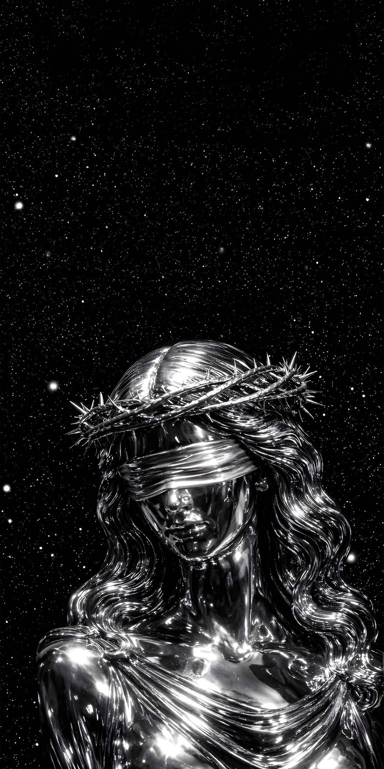 Download this striking 4K wallpaper of Lady Justice for your iPhone, featuring a sleek metallic statue against a star-filled sky. The intricate details of the crown of thorns and draped clothing add depth to this captivating wallpaper.
