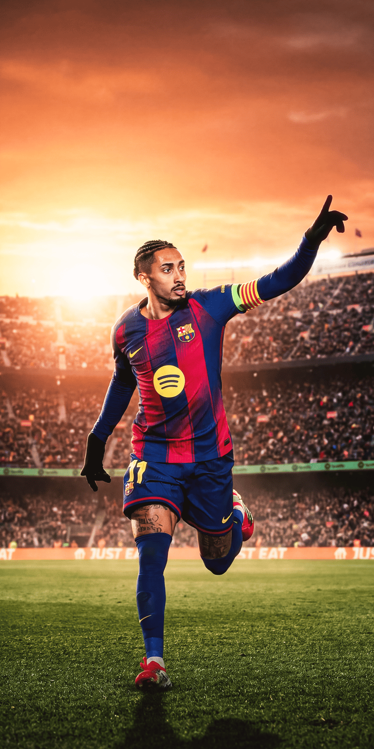 A dynamic 3D wallpaper of Raphinha in the iconic red and blue stripes of FC Barcelona. This aesthetic wallpaper captures the winger in a celebratory moment under the stadium lights, perfect for any iPhone.