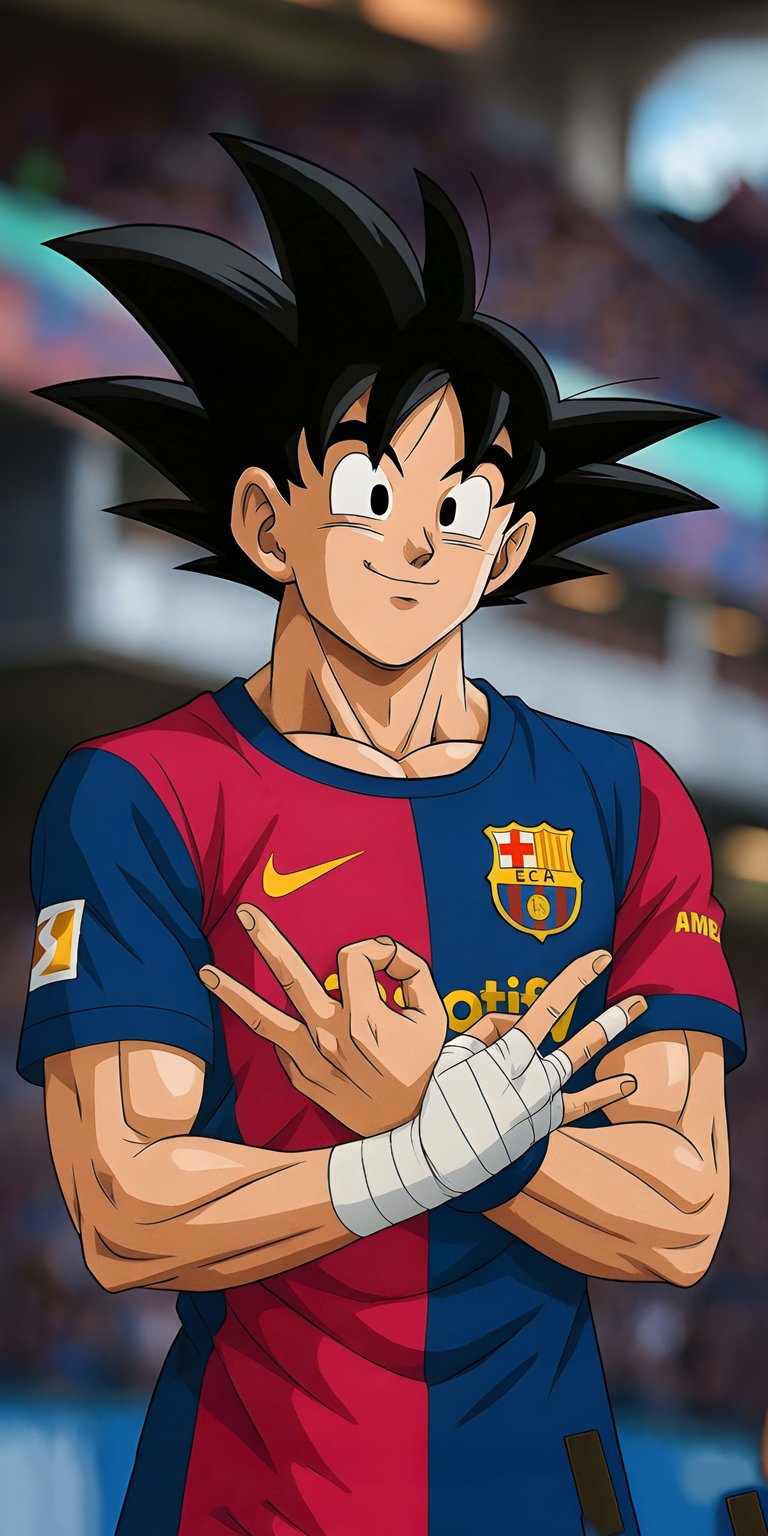 Elevate your iPhone with this Goku Barcelona 4K wallpaper. This striking wallpaper features Goku in a split red and blue Barcelona jersey, sporting a bandaged hand, and making hand gestures.