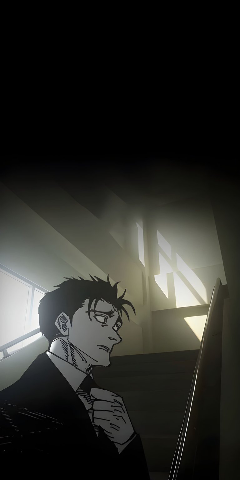 Download this Kijong 4K wallpaper for your iPhone, featuring a man in a suit standing on shadowy stairs with sunlight streaming through a window. This striking wallpaper will look great on your mobile device.