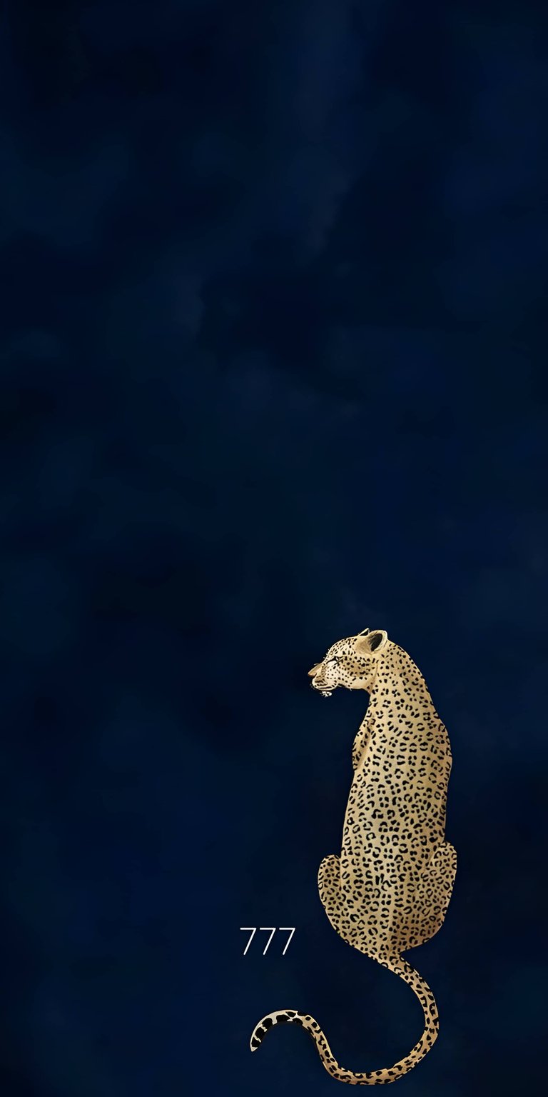 This 4K wallpaper features a majestic leopard sitting against a deep navy blue background paired with the angel number 777 for your iPhone. This minimalist wallpaper combines clean space with rich midnight tones and golden textures for a serene mood.