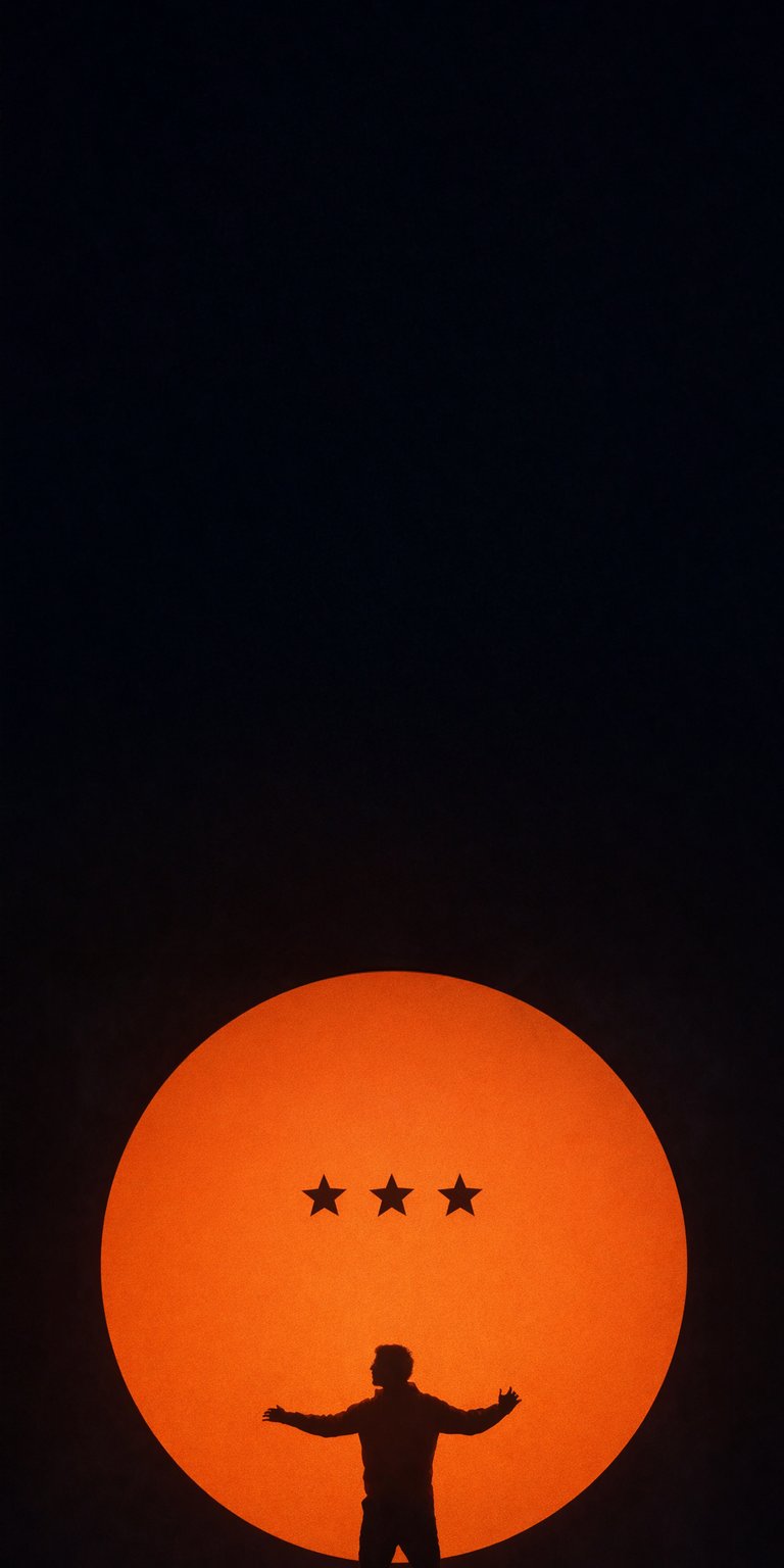 Download this Dragon Ball Z wallpaper in 4K for your iPhone, featuring the orange dragon ball with three stars. The silhouette of Goku is visible in front of it with his arms spread wide.