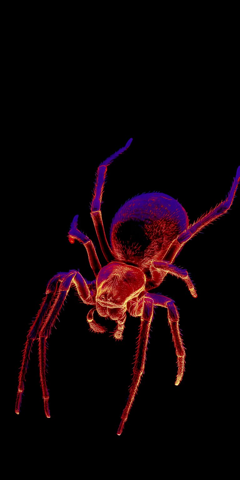 This striking spider 4K wallpaper is perfect for your iPhone, with its glowing red and purple hues. The highly detailed image captures the spider's hairy legs and bulbous abdomen against a stark black background, making it a unique wallpaper.