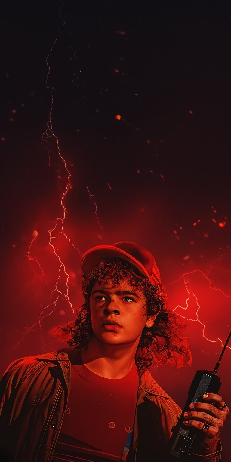 Get this amazing Dustin from Stranger Things 4K wallpaper for your iPhone, featuring a red ominous sky with lightning. This incredible wallpaper highlights Dustin holding a walkie-talkie with a determined expression.