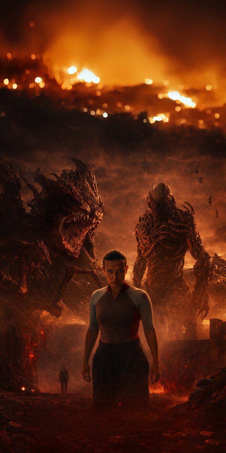 An epic 4K wallpaper capturing Eleven (Millie Bobby Brown) facing off against the looming silhouettes of Vecna and the monsters of the Upside Down. The scene is dominated by a fiery, apocalyptic orange and black color palette, symbolizing the climactic battle for Hawkins. It is an essential background for fans of dark fantasy and horror.