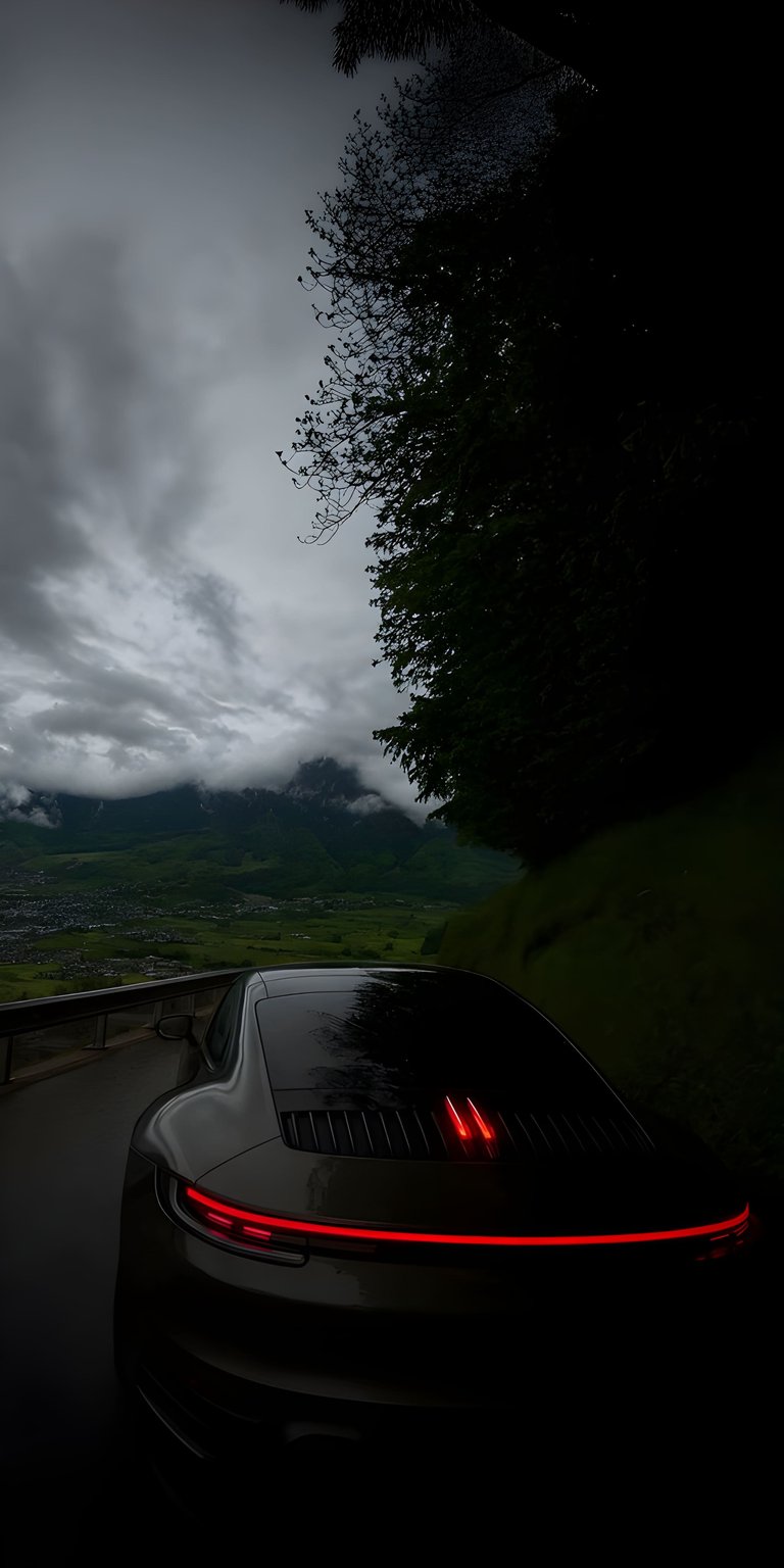 A moody, atmospheric view from the rear of a Porsche 911 overlooking a vast mountain range under a cloudy sky. The glowing red light bar of the Porsche provides a sharp contrast against the deep greens and greys of the natural landscape.
