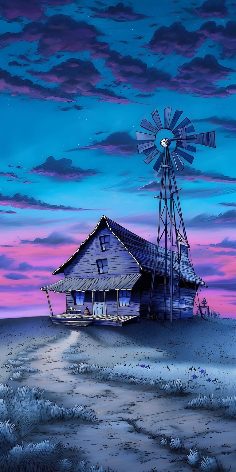 Bring the iconic nostalgia of the Middle of Nowhere to your mobile device with this cinematic Courage the Cowardly Dog wallpaper. This 4K wallpaper features the famous farmhouse and windmill with vibrant purple lighting and spooky atmospheric textures.
