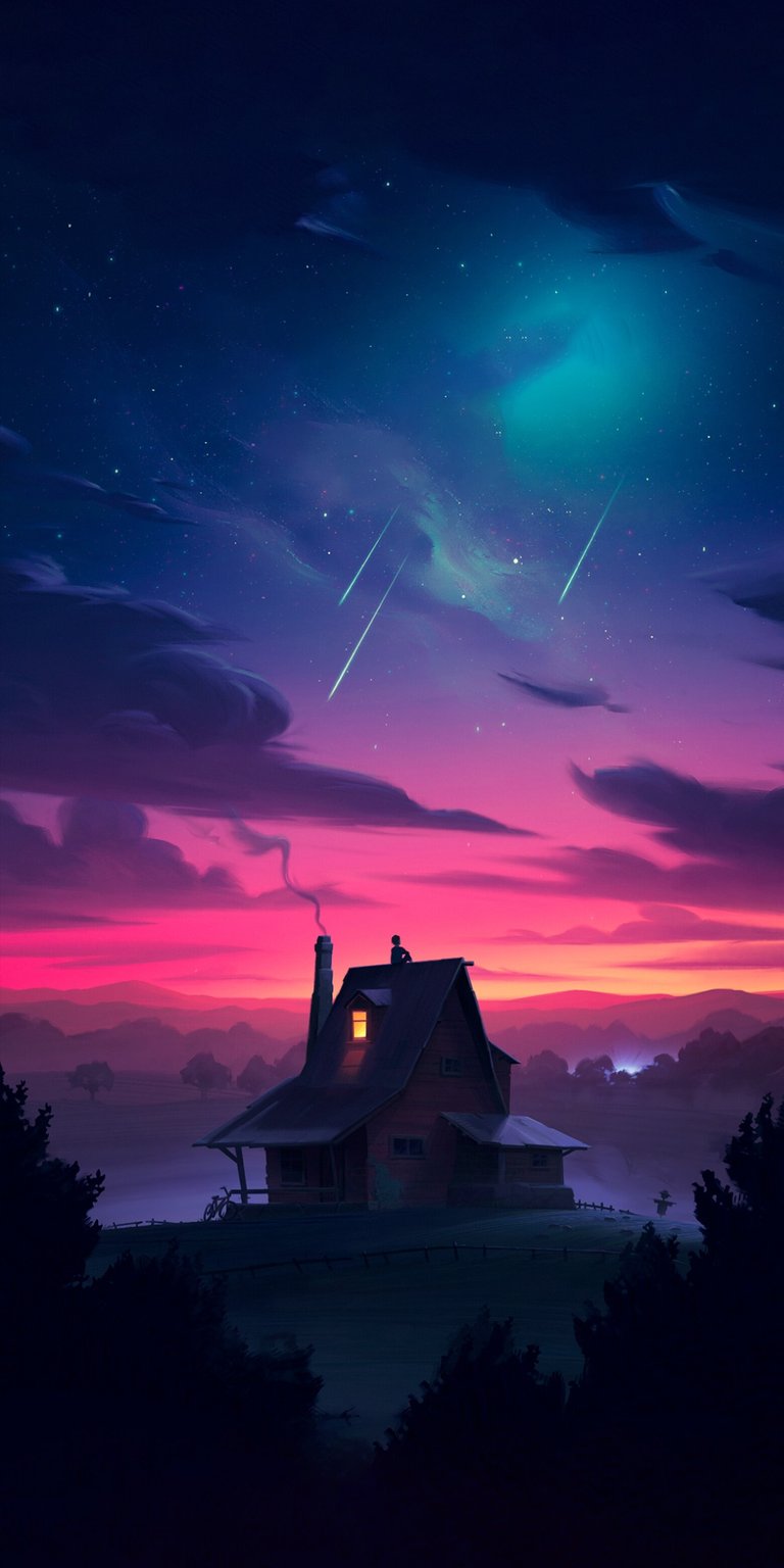 House picture at night with shooting stars iPhone wallpaper HD