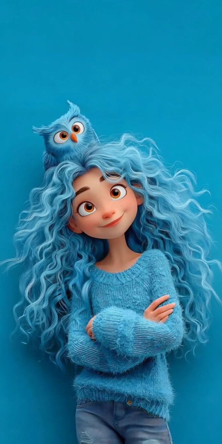 Girl with blue hair and owl on her head wallpaper iPhone HD