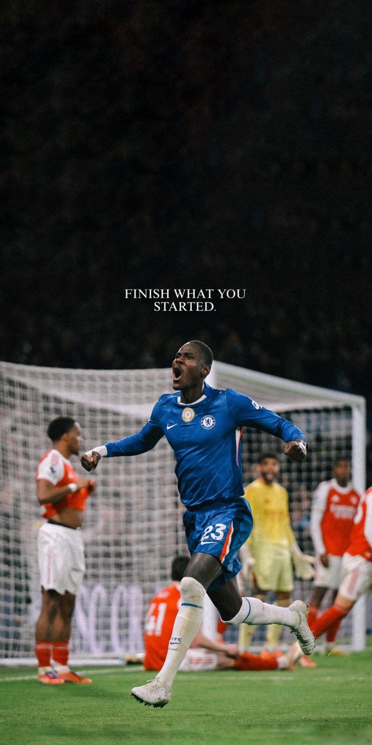 A powerful 3D wallpaper featuring Chelsea defender Reece James (wearing number 24) in full stride on the pitch, executing a key play. The dynamic image captures the determination required for success. Overlaying the scene is the concise and motivational quote: "FINISH WHAT YOU STARTED." This is the perfect lock screen for Blues fans and anyone needing a reminder of the importance of seeing commitments through.