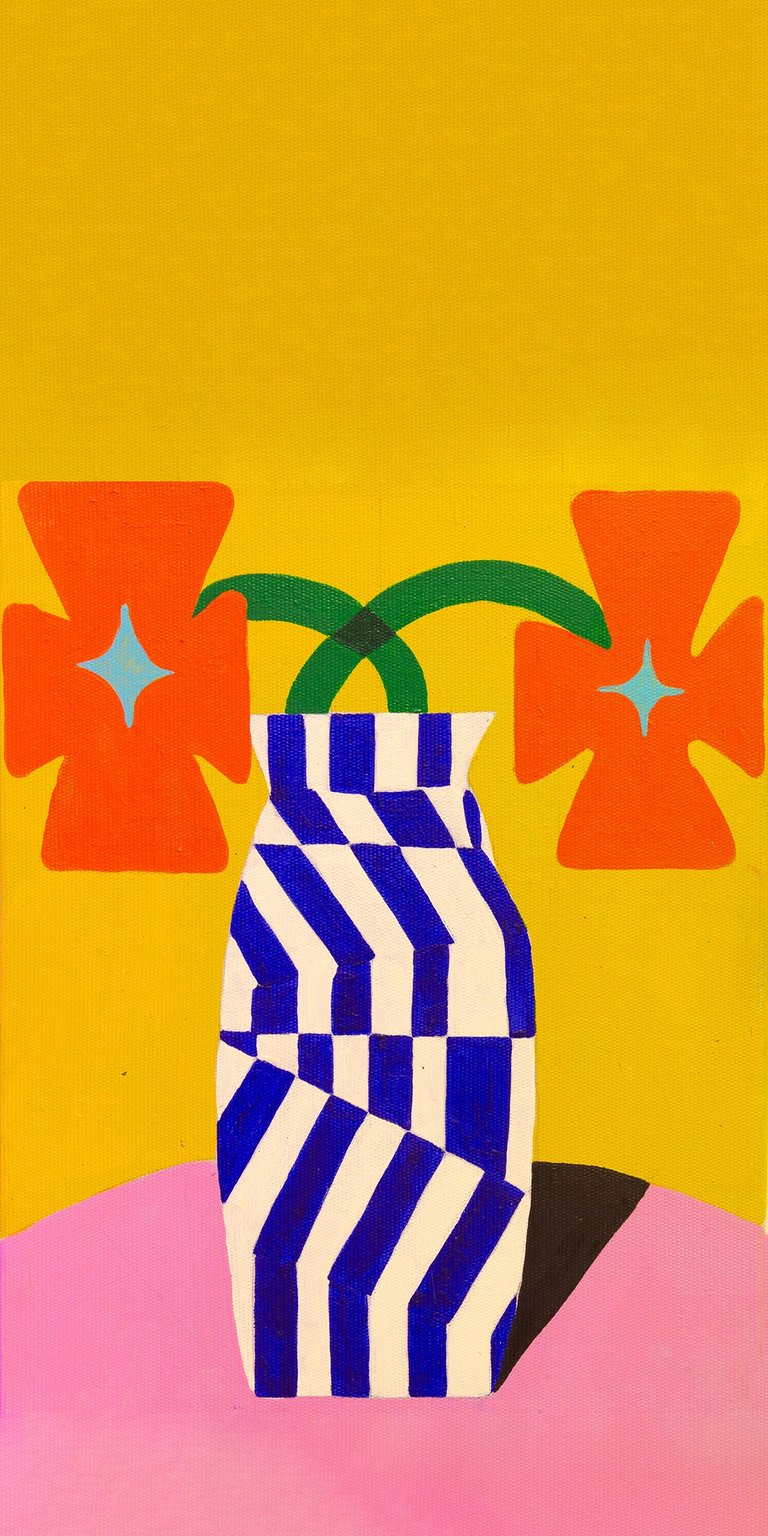 Download this vibrant Floral Vase 4K wallpaper for your iPhone. This stunning wallpaper showcases a blue and white striped vase with orange flowers, each adorned with a small turquoise star.