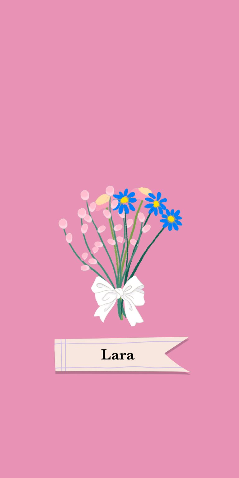 blue illustration flower white daisy bouquet label ribbon bow name lara