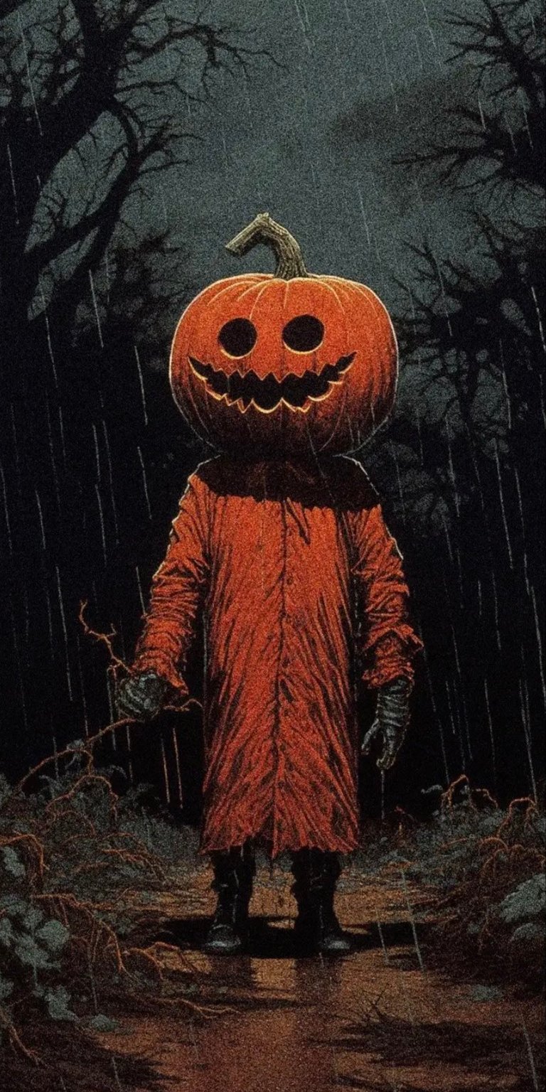 Halloween ghost with scary pumpkin head in the forest wallpaper HD mobile