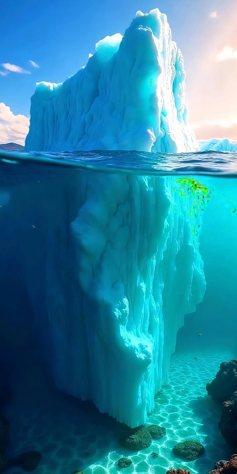 Download this stunning iceberg wallpaper in 4K resolution for your iPhone, featuring a towering ice formation split by the water line and a school of green fish. The turquoise water provides incredible visual contrast to the stark white iceberg.