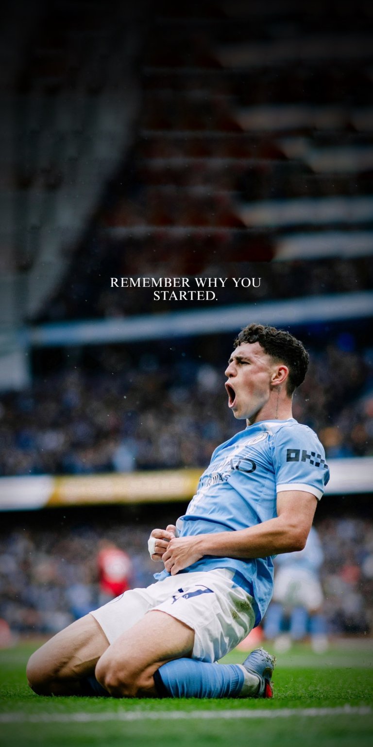 An electrifying 4K live wallpaper capturing the passionate goal celebration of Phil Foden for Manchester City. Featuring the inspiring text "REMEMBER WHY YOU STARTED" across the stadium backdrop, this dynamic scene is perfect for football fans looking for a motivational and intense sports-themed home screen.