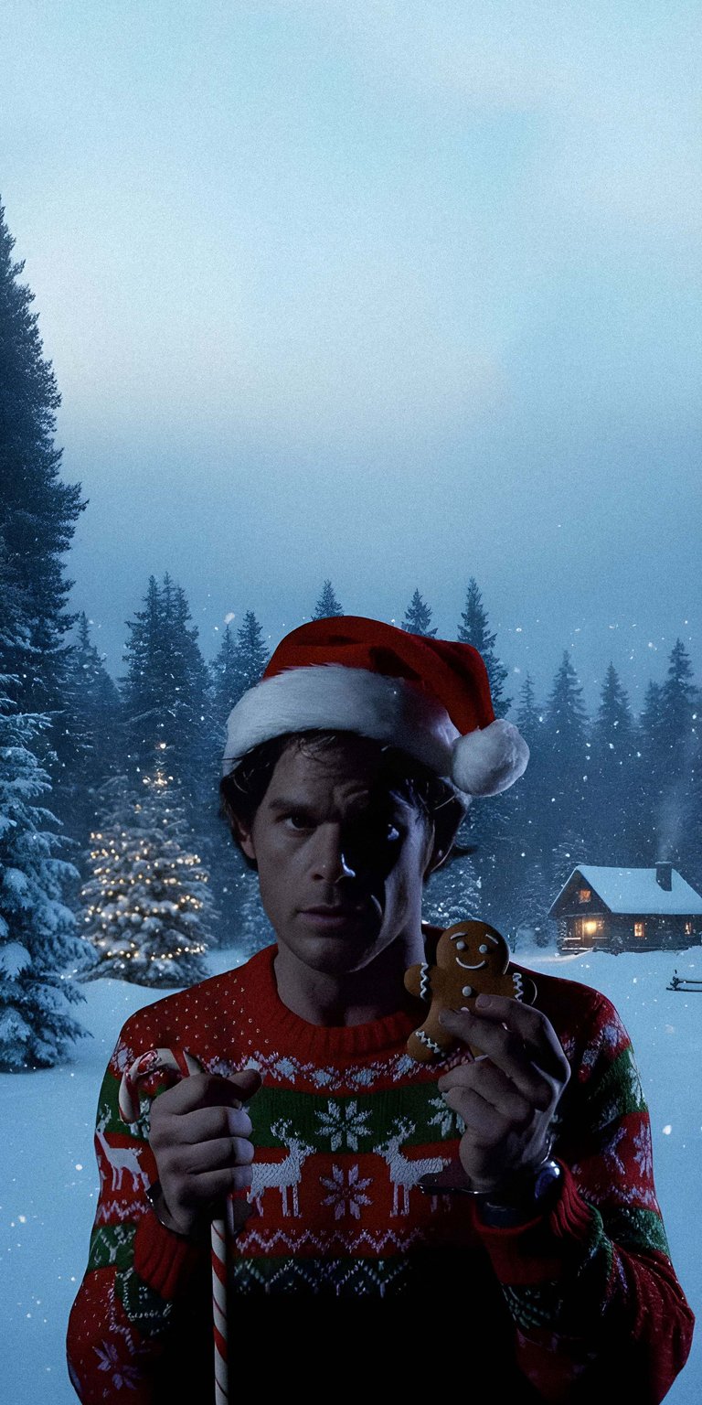 Download this Dexter 4K wallpaper for your iPhone, showcasing a festive winter scene. Dexter sports a Santa hat and a reindeer sweater, holding a gingerbread man and a candy cane in front of a snow-covered forest with a cozy cabin.