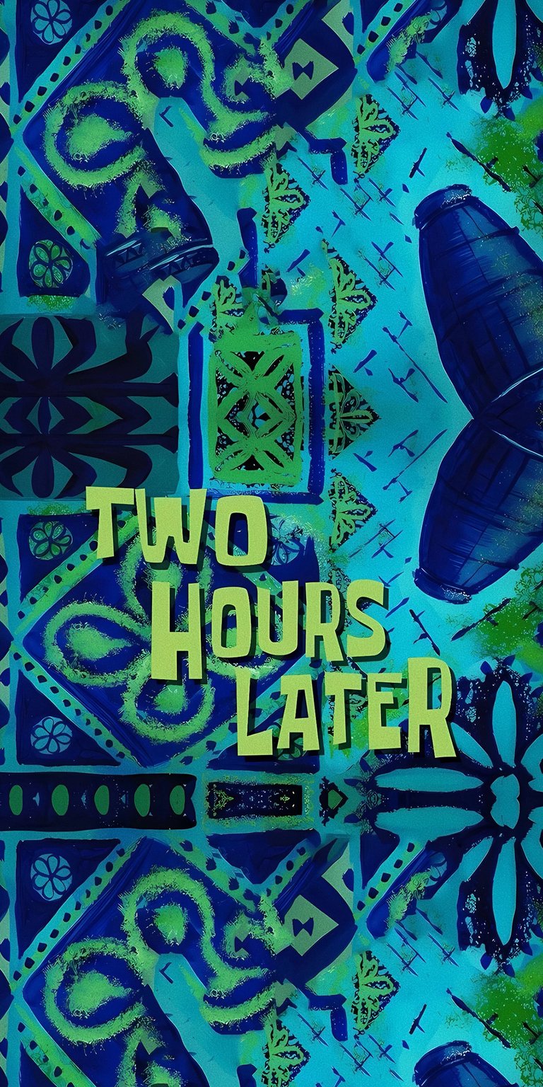 Get this vibrant Two Hours Later wallpaper for your iPhone in stunning 4K resolution. This wallpaper features a teal and blue retro design with diamond shapes and the titular phrase.