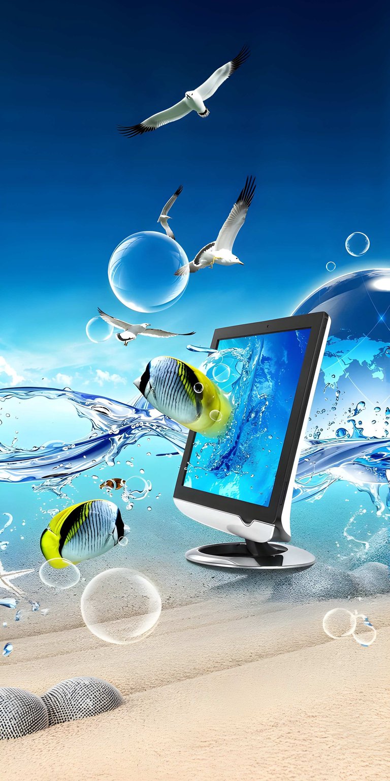 Dive into this mesmerizing tropical fish wallpaper in stunning 4K resolution, perfect for your iPhone. This vivid wallpaper features fish leaping from a screen amidst bubbles, seagulls, and ocean waves.