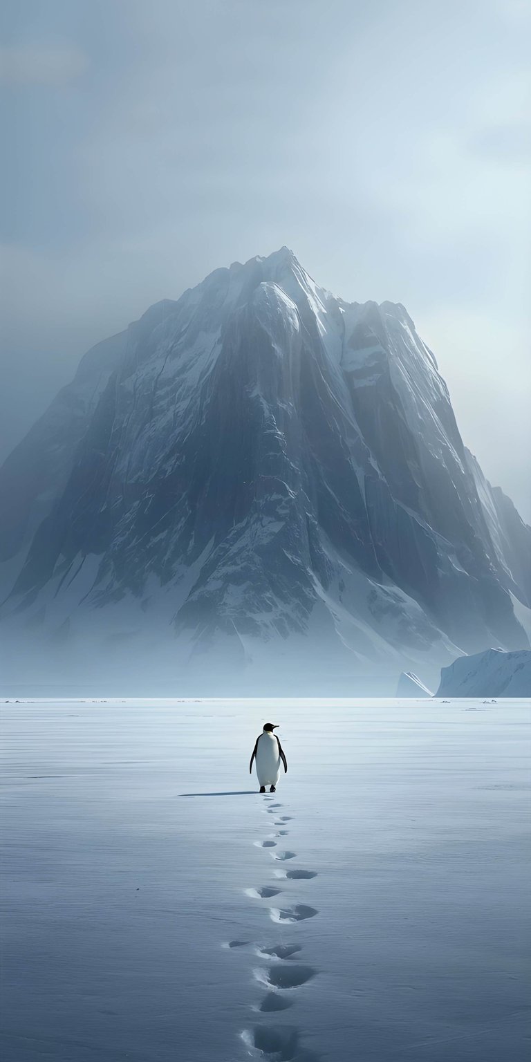 Experience the crisp, cinematic textures of this snowy mountain wallpaper featuring a lone penguin on a vast ice field. This 4K wallpaper offers a minimalist aesthetic and high-contrast depth for any modern mobile device.