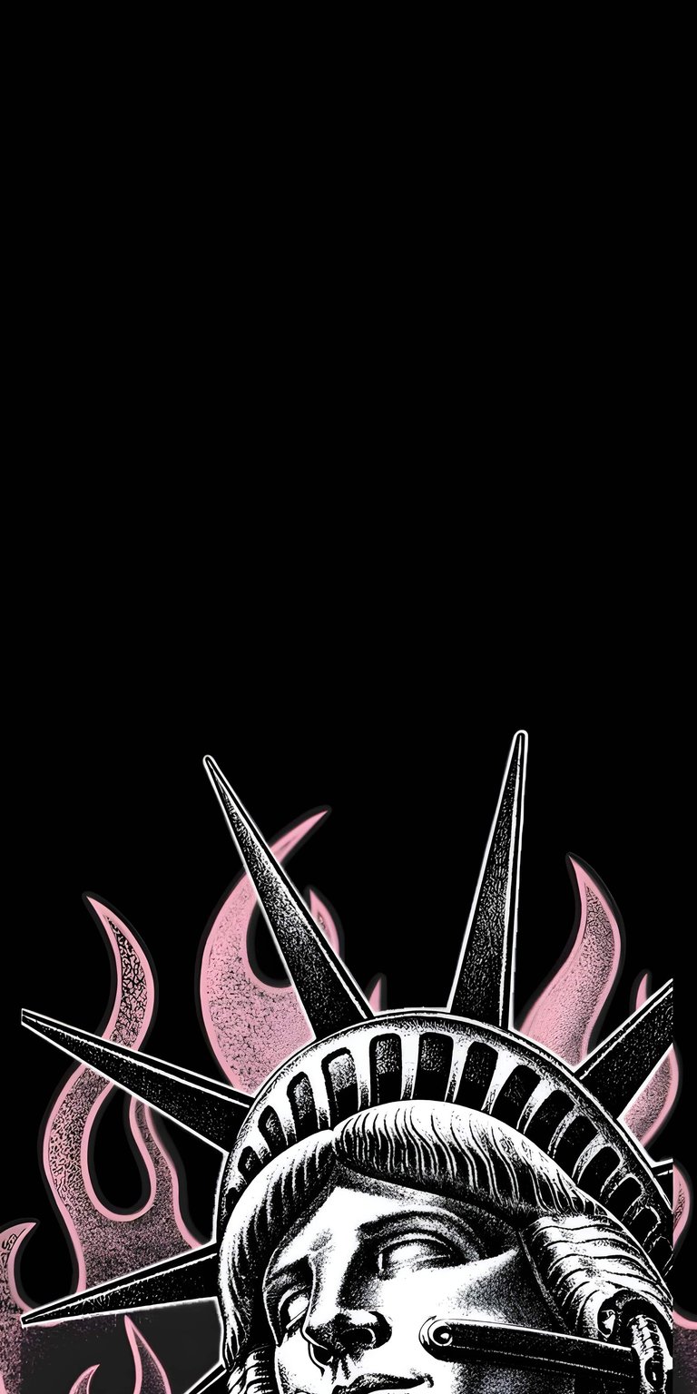 Download this stunning Statue of Liberty 4K wallpaper featuring stylized pink flames and a high-contrast black background for your mobile screen. This artistic phone wallpaper captures the iconic crown details in a unique graphic aesthetic, making it the perfect 4K background for any iPhone.