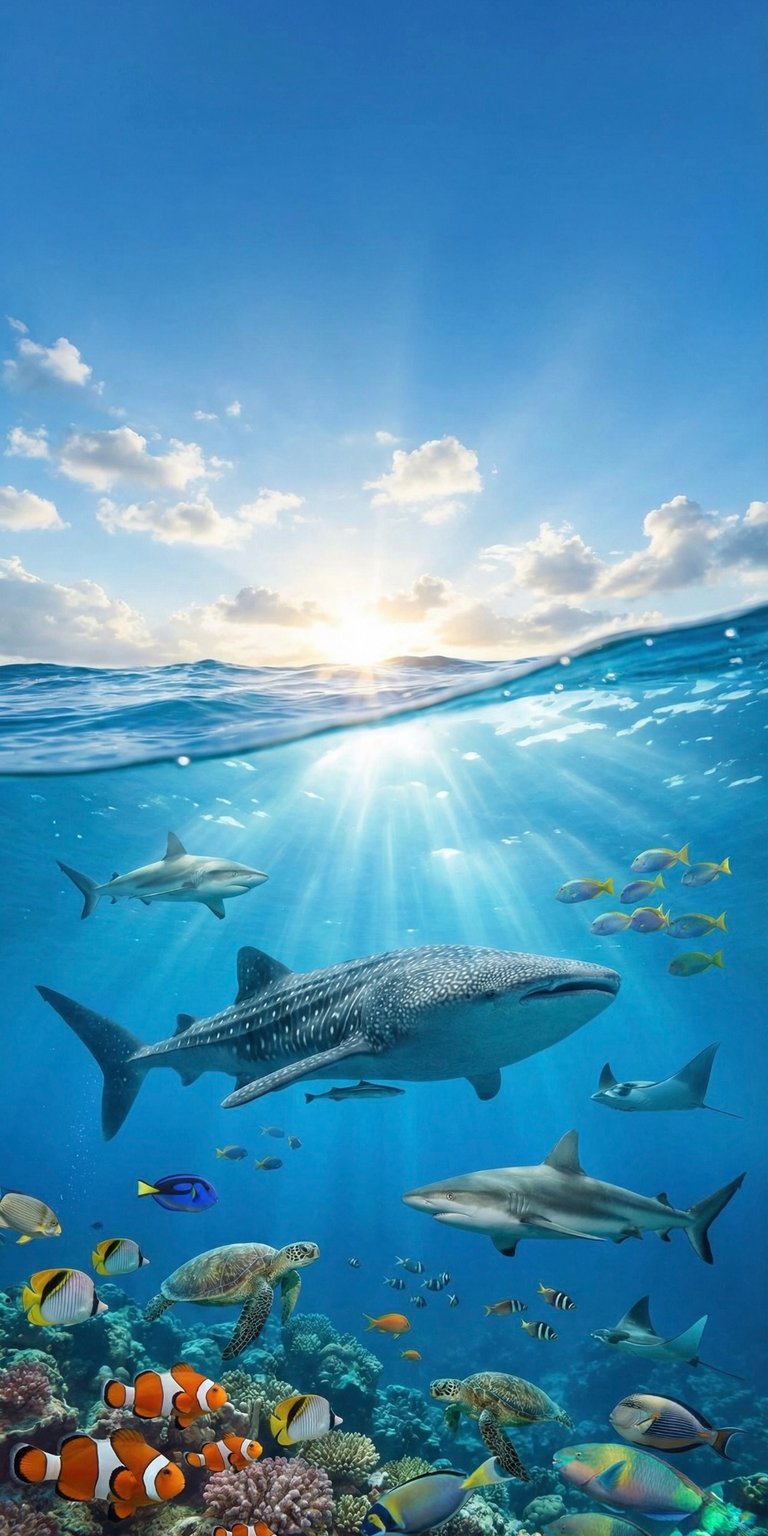 A serene and majestic depiction of a Whale Shark gliding through crystal-clear tropical waters. This wallpaper features vibrant coral reefs and schools of small fish, capturing the peaceful essence of the "Gentle Giant." The composition is optimized for 3D spatial viewing, allowing the shark to appear layered within the screen for an immersive marine experience.